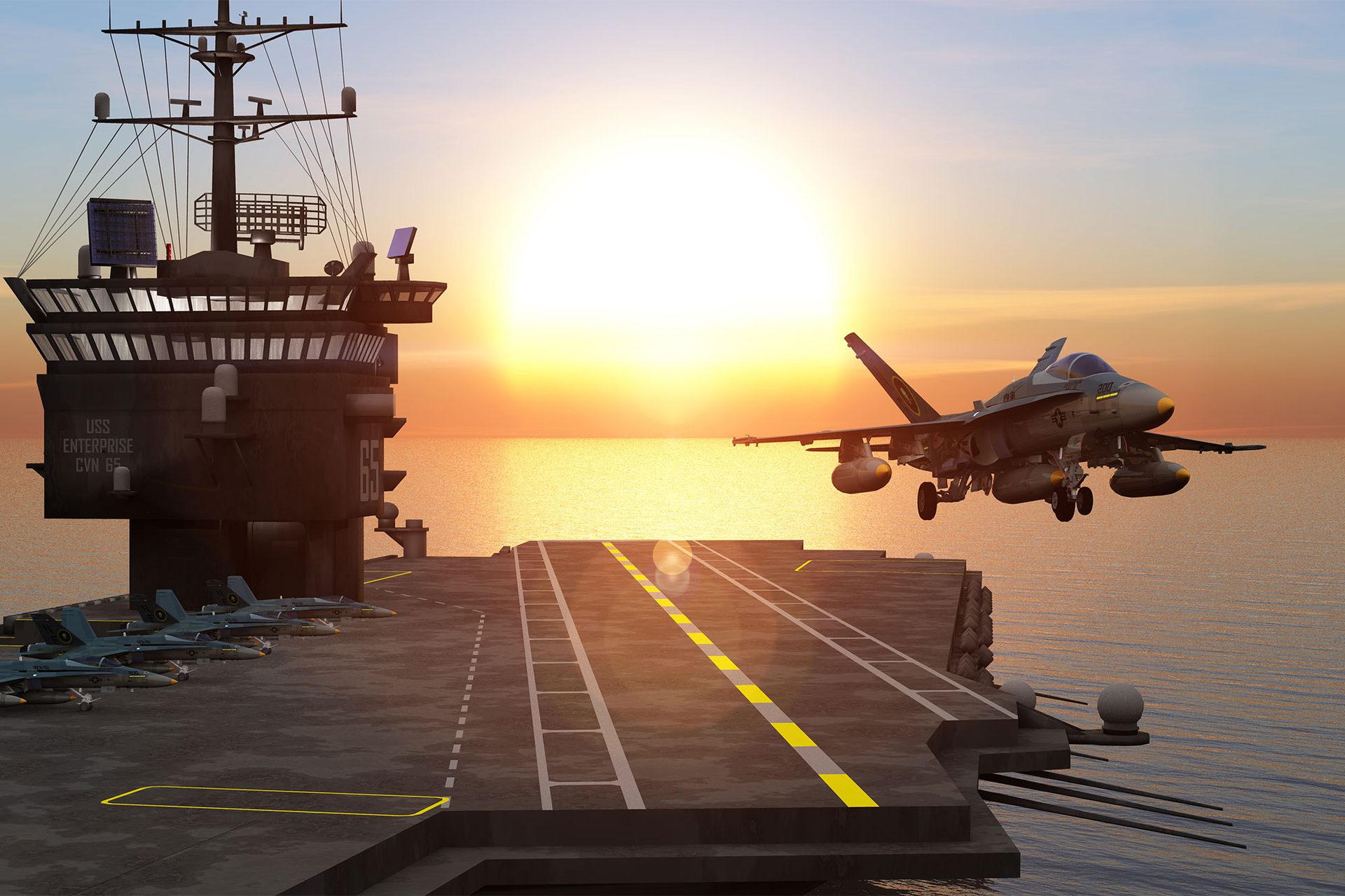 Fighter aircraft launching from a carrier deck at sunset