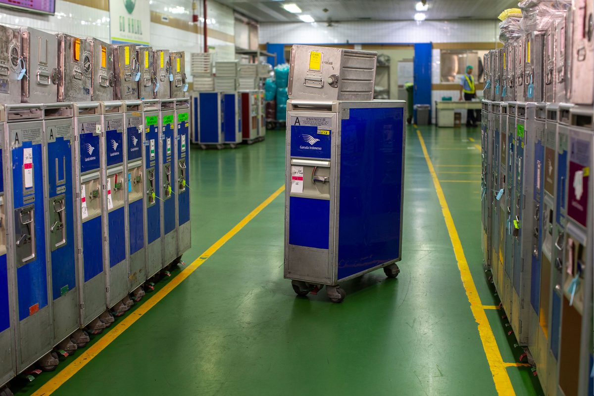 Galley trolleys staged in a handling facility